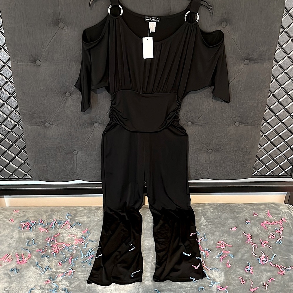 DEB Cold Shoulder Dressy Black Short Sleeve Jumpsuit, Size S (Stretchy)